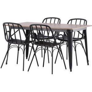 Tempe eethoek tafel okkernoot decor en 4 DyrÃ¶n stoelen zwart.