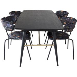 Gold eethoek eetkamertafel uitschuifbare tafel lengte cm 180 / 220 zwart en 4 Arrow eetkamerstal zwart.