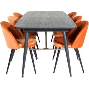 Gold eethoek eetkamertafel uitschuifbare tafel lengte cm 180 / 220 zwart en 6 Velvet eetkamerstal velours oranje, zwart.