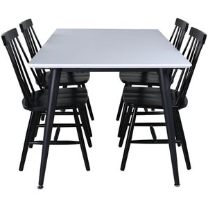 Jimmy150 eethoek eetkamertafel uitschuifbare tafel lengte cm 150 / 240 wit en 4 L&ouml;nneberga eetkamerstal zwart.