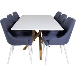 Piazza180x90WHNA eethoek eetkamertafel wit en 6 Plaza eetkamerstal blauw, wit.