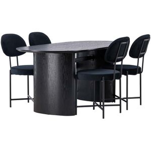 Isolde eethoek tafel zwart en 4 Stella stoelen zwart.