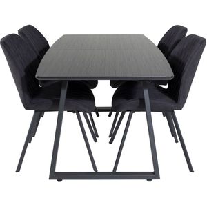 IncaBLBL eethoek eetkamertafel uitschuifbare tafel lengte cm 160 / 200 zwart en 4 Gemma eetkamerstal zwart.