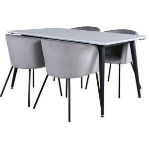 Jimmy150 eethoek eetkamertafel uitschuifbare tafel lengte cm 150 / 240 wit en 4 Berit eetkamerstal velours grijs.