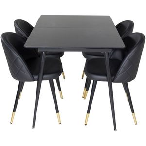 SilarBLExt eethoek eetkamertafel uitschuifbare tafel lengte cm 120 / 160 zwart en 4 Velvet eetkamerstal PU kunstleer zwart.