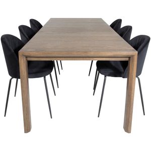 SliderOS eethoek eetkamertafel uitschuifbare tafel lengte cm 170 / 250 rokerig eik en 6 Wrinkles eetkamerstal velours zwart.