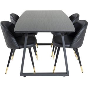 IncaBLBL eethoek eetkamertafel uitschuifbare tafel lengte cm 160 / 200 zwart en 4 Velvet eetkamerstal PU kunstleer zwart.