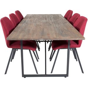 Padang eethoek eetkamertafel teakhout en 6 Gemma eetkamerstal rood.