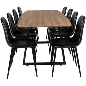 IncaNABL eethoek eetkamertafel uitschuifbare tafel lengte cm 160 / 200 el hout decor en 8 Polar eetkamerstal PU kunstleer zwart PU kunstleer.