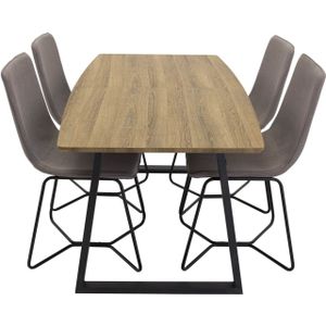 IncaNABL eethoek eetkamertafel uitschuifbare tafel lengte cm 160 / 200 el hout decor en 4 X-chair eetkamerstal grijs.