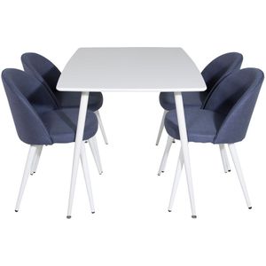 Polar120X80WHWH eethoek eetkamertafel wit en 4 Velvet eetkamerstal blauw.