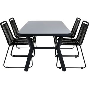 Virya tuinmeubelset tafel 90x160cm en 4 stoel stapel Lindos zwart, grijs.