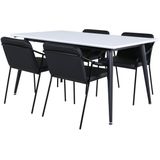 Jimmy150 eethoek eetkamertafel uitschuifbare tafel lengte cm 150 / 240 wit en 4 Tvist eetkamerstal PU kunstleer zwart.