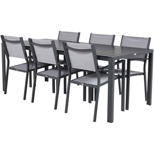 Break tuinmeubelset tafel 90x205cm zwart, 6 stoelen Copacabana grijs.