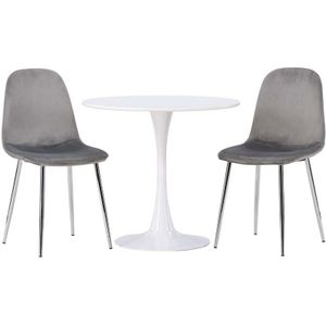 Hamden eethoek tafel wit en 2 Eva stoelen grijs.