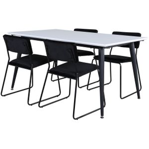 Jimmy150 eethoek eetkamertafel uitschuifbare tafel lengte cm 150 / 240 wit en 4 Kenth eetkamerstal velours zwart.