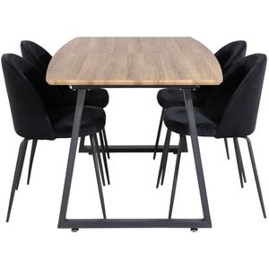 IncaNABL eethoek eetkamertafel uitschuifbare tafel lengte cm 160 / 200 el hout decor en 4 Wrinkles eetkamerstal velours zwart.