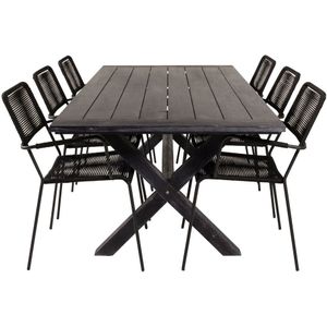 Rives tuinmeubelset tafel 100x200cm en 6 stoel armleuningS Lindos zwart.