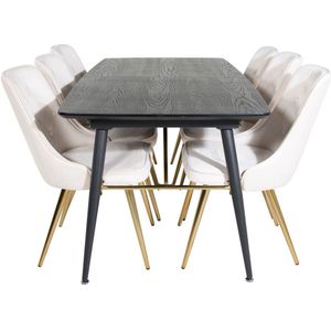 Gold eethoek eetkamertafel uitschuifbare tafel lengte cm 180 / 220 zwart en 6 Velvet Deluxe eetkamerstal velours beige, messing decor.