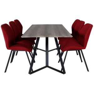 MarinaGRBL eethoek eetkamertafel el hout decor grijs en 6 Gemma eetkamerstal rood.