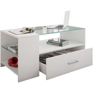 Tindala salontafel met glazen blad, 1 lade, 3 plankenwit.