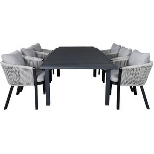 Marbella tuinmeubelset tafel 100x160/240cm en 6 stoel Virya wit, zwart.