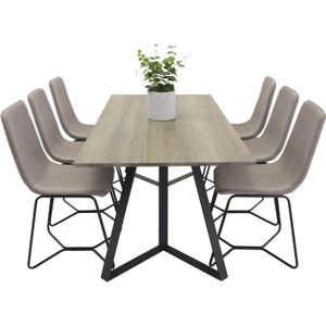 MarinaGRBL eethoek eetkamertafel el hout decor grijs en 6 X-chair eetkamerstal grijs.