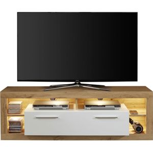 Rock TV-meubel 150 cm 1 vouwbaar, 4 open vakken Wotan Eiken decor, wit, wit hoogglans.