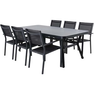 Virya tuinmeubelset tafel 100x200cm zwart, 6 stoelen Copacabana zwart.