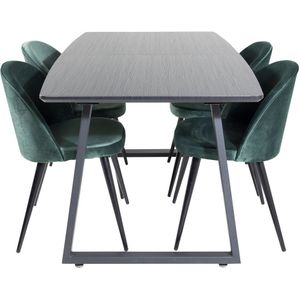 IncaBLBL eethoek eetkamertafel  udtræksbord længde cm 160 / 200 zwart en 4 Velvet eetkamerstal velours groente, zwart.
