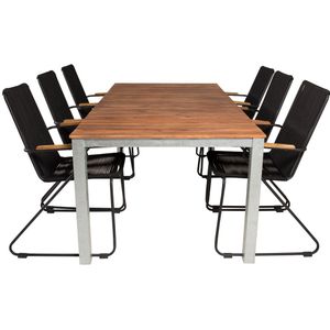 Zenia tuinmeubelset tafel 100x200cm en 6 stoel Bois zwart, naturel, zilver.