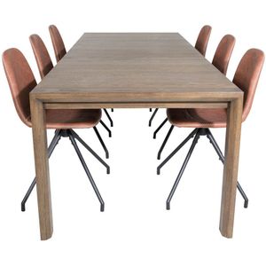 SliderOS eethoek eetkamertafel uitschuifbare tafel lengte cm 170 / 250 rokerig eik en 6 Polar eetkamerstal PU kunstleer bruin.