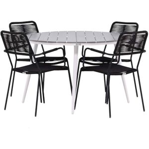 Break tuinmeubelset tafel Ã˜120cm grijs, 4 stoelen Lindos zwart.