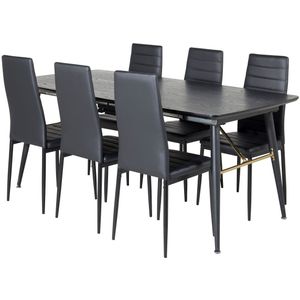 Gold eethoek eetkamertafel uitschuifbare tafel lengte cm 180 / 220 zwart en 6 Slim High Back eetkamerstal PU kunstleer zwart.