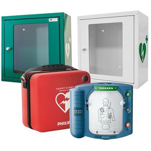 Philips HeartStart HS1 AED + tas  + binnenkast inclusief alarm (wit of groen). Taal: Duits