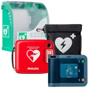 Philips HeartStart FRx AED defibrillator met Philips draagtas en buitenkast.