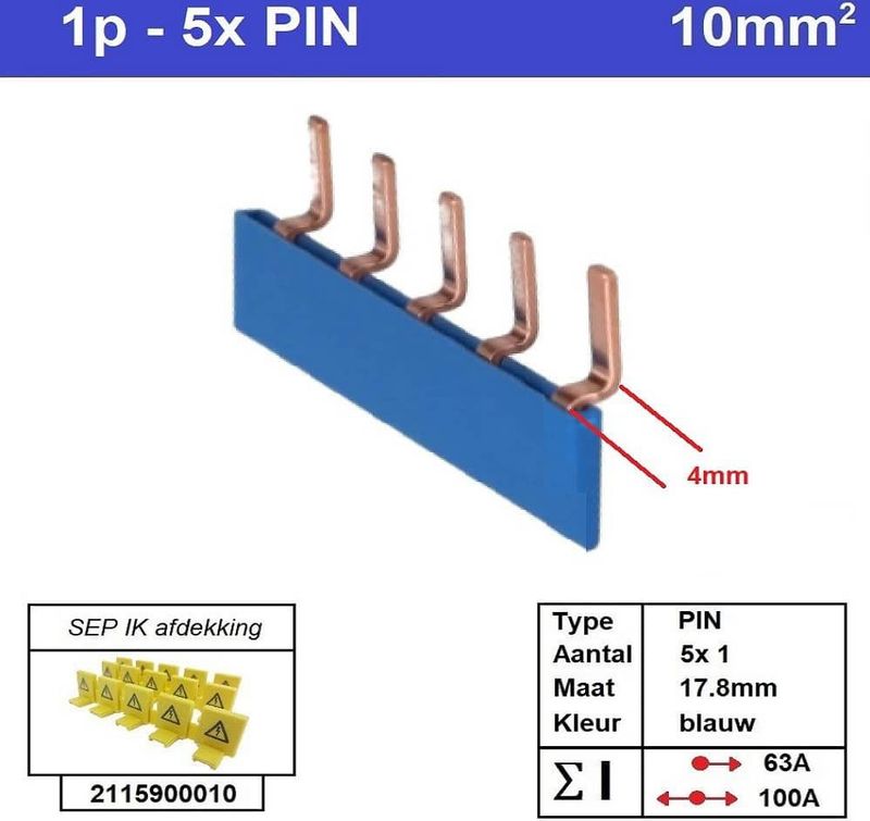 SEP - Kamrail - Geïsoleerde Doorverbindingskam - Blauw - 1Fase - 5pol.