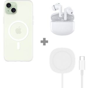 Soft TPU Hoesje geschikt voor iPhone 15 Plus - met Magnetische Ring - Transparant + 2 in 1 Magnetische Draadloze Charger Pad 15W + ANC Oortjes Wit