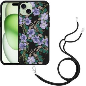 Hoesje met koord Zwart geschikt voor iPhone 15 Plus Purple Flowers