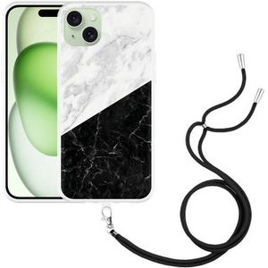 Hoesje met koord geschikt voor iPhone 15 Plus Zwart Wit Marmer