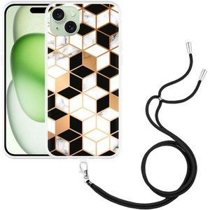 Hoesje met koord geschikt voor iPhone 15 Plus Black White Marble