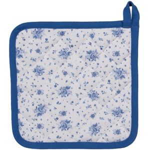 Clayre & Eef Pannenlap 20x20 cm Wit Blauw Katoen Vierkant Roosjes