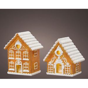 Deoris Peperkoek Huis Van Polyresin Met LED Verlichting IP20 Voor Binnen Gebruik , 2 Dessins 8,5x5,5x8,3cm bruin polyresin Decoris Decoratief beeld of figuur