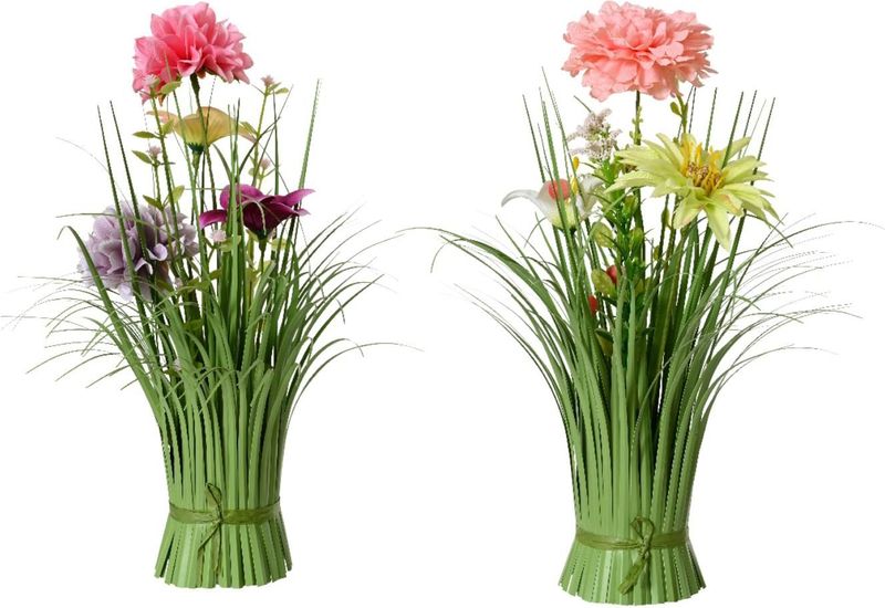 Gras boeket met gekleurde bloemen H30cm roze Kunststof Decoris Kunstbloem