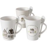 Boltze Home Mok Bergström met dessin huisjes inclusief lepel 330ml wit Porselein Boltze Home Beker
