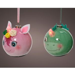 Decoris Kerstbal met LED verlichting kunststof Unicorn/Dino dia.7cm verschillende Kunststof Decoris Kerstbal