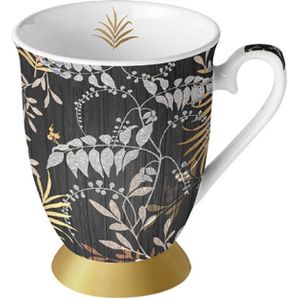 Ambiente Mok 0.25L Luxury Leaves Zwart- Materiaal Fine Bone China- Formaat Ø 7,5 - H 10 Cm zwart Ambiente Beker