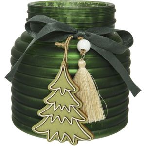 Decoris Waxinelichthouder Glas Ø11x11,5cm Groen Met Lint En Hanger Kerstboom groen Glas Decoris Waxinelichtjeshouder (11.0000cm x 11.0000cm)
