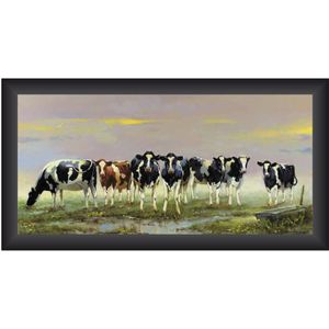 Schilderij koeien 7 op rij 40x80cm (zwarte lijst) multi Hout CosyDecor Schilderij (80.0000cm x 40.0000cm)