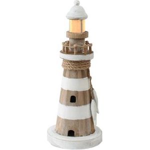 Vuurtoren hout met licht 11,5x11,5x29cm multi Hout Gerkimex Decoratief beeld of figuur